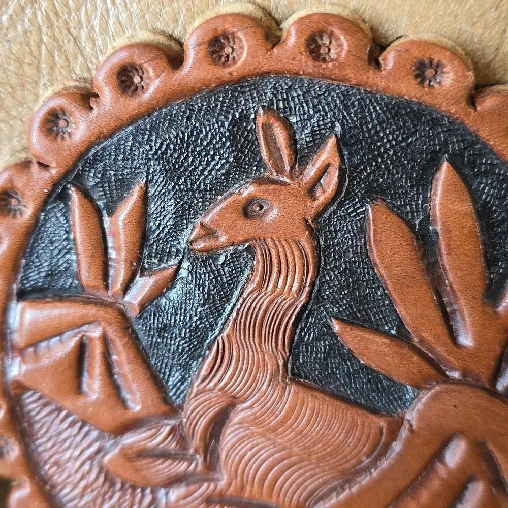 Tooled Leather Coaster Set of 2 | Llama Desert Design | possibly Peruvian